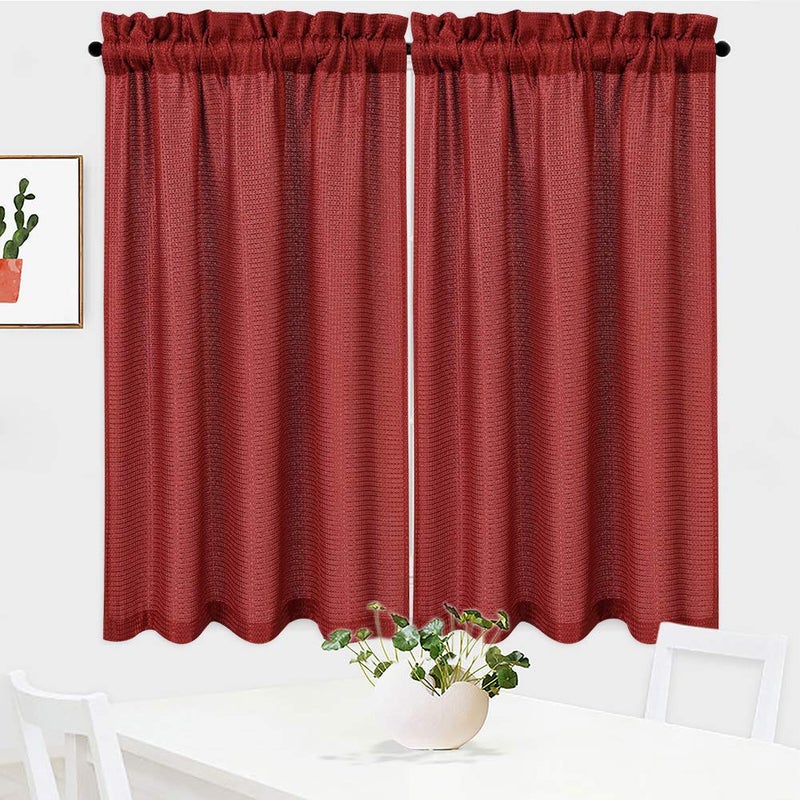 NANAN Waffle Kitchen Curtains 45 inch Long Casual Weave Small Window Curtain Kitchen Bathroom Basement Bedroom Drapes - 30" x 45", Burgundy, Set of 2 - Image 1